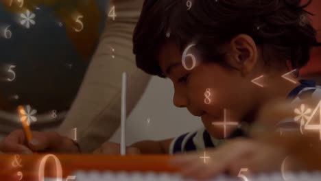 Schoolchildren-writing-while-numbers-and-symbols-move