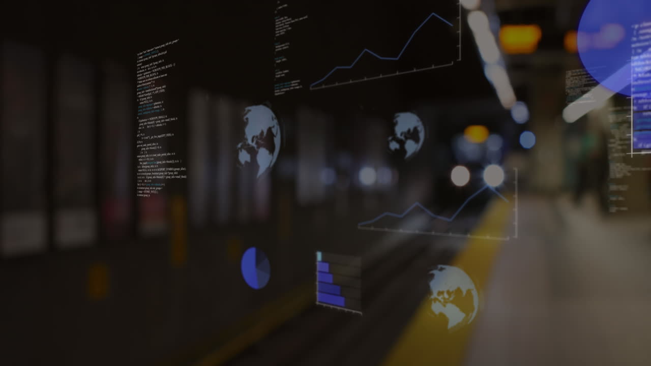 Animation of data processing and spinning globe against blurred view of train arriving at a station