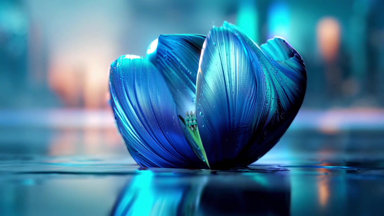 Vibrant Blue Flower Bud Opening with Water Droplets