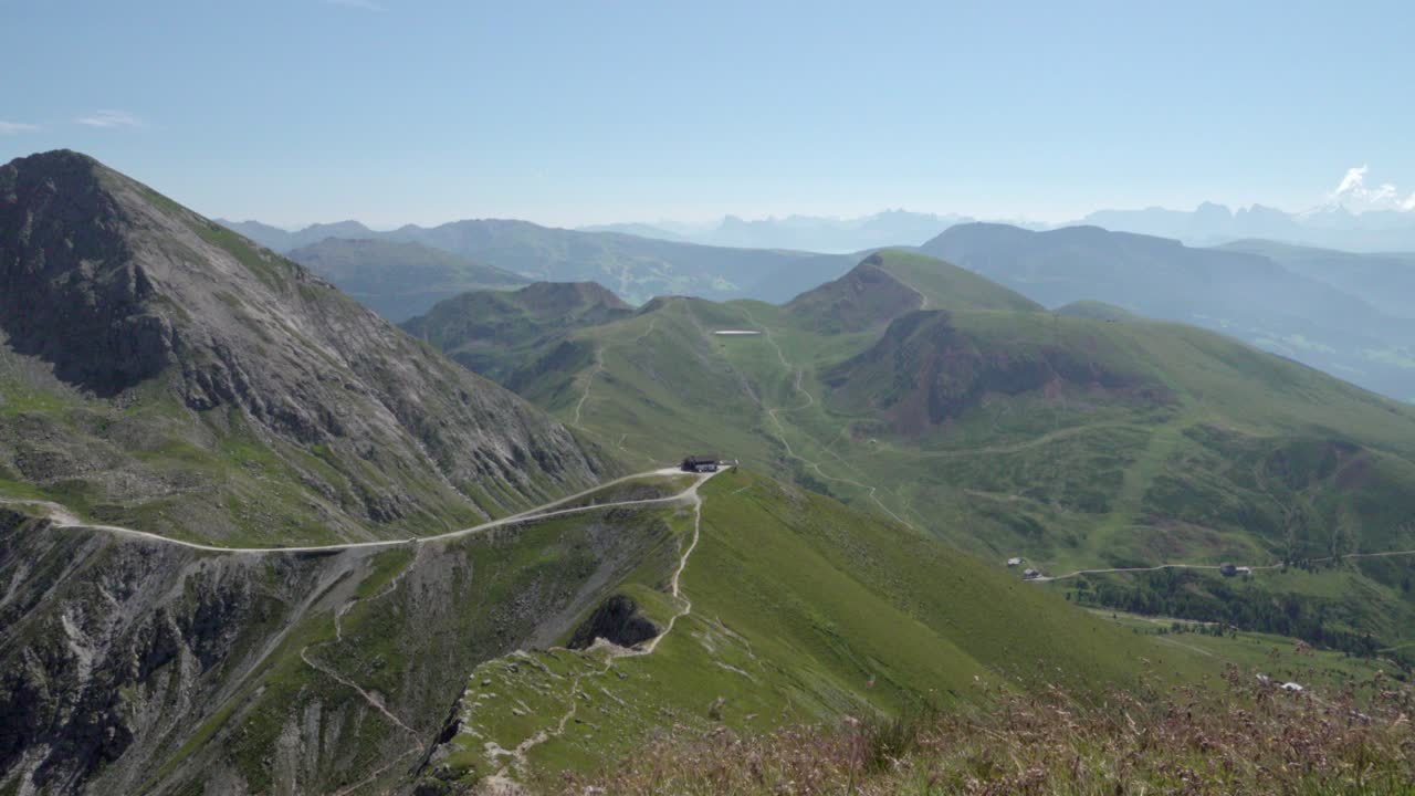 View from Mount Ifinger over the Sarntal Alps and the Kuhleiten Alpine hut towards the Dolomites, Hafling, South Tyrol, Italy