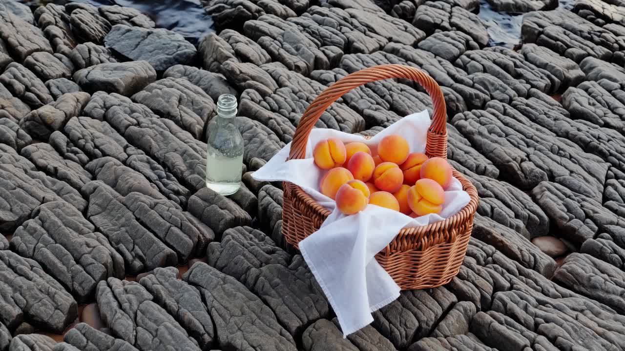 Wicker basket full of apricots and glass water bottle resting on rocky seaside shore enjoying picnic serenity, creating a tranquil and inviting scene