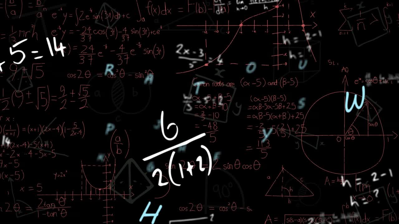 Animation of mathematical equations over numbers on black background