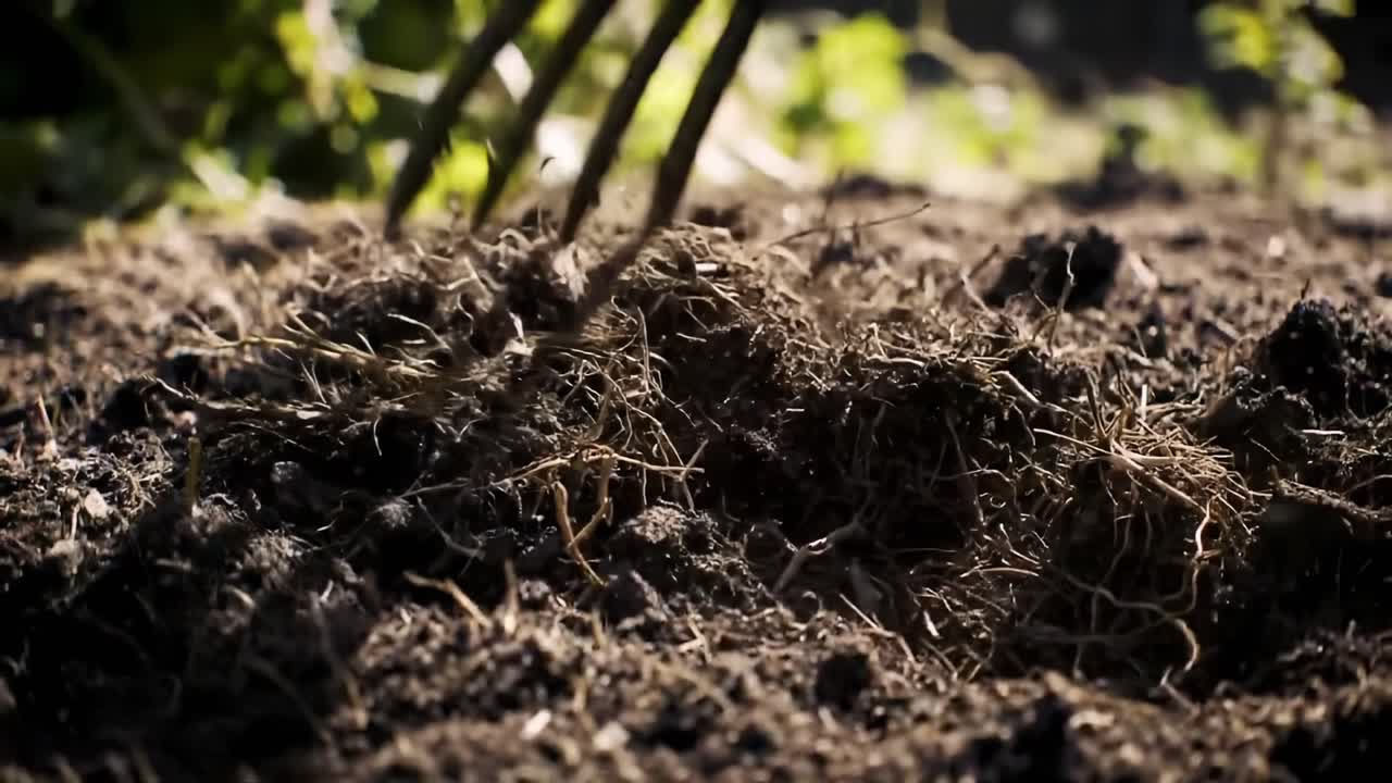 A Close-Up View of a Garden Fork Turning Rich, Fertile Soil, Preparing for Planting and Cultivating New Vegetables in a Lush Backyard Environment