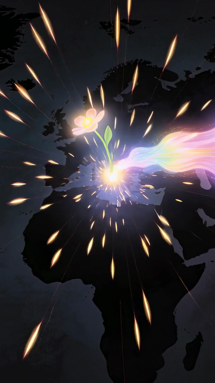 Video verticale: Scia di energia che si avvicina e colpisce una mappa nera vicino all'Europa, accendendo un fiore luminoso.