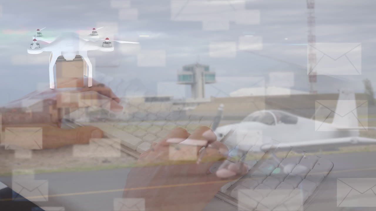 animación de iconos de mensajes y un avión no tripulado que lleva una caja de entrega sobre el avión en el aeropuerto