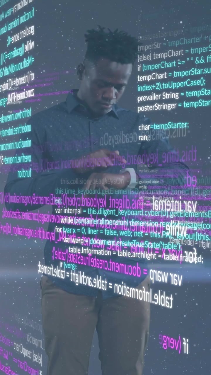 Animation of data processing and spotlight over african american man using smartwatch