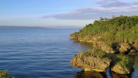 stony coastal landscape covered with green grasses and bushes in the orange light of the setting sun