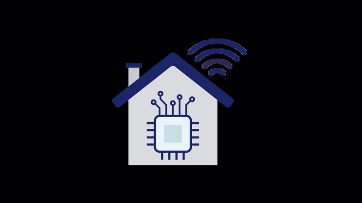 Icona Animata di Casa Intelligente con Chip Integrato e Segnale Wireless