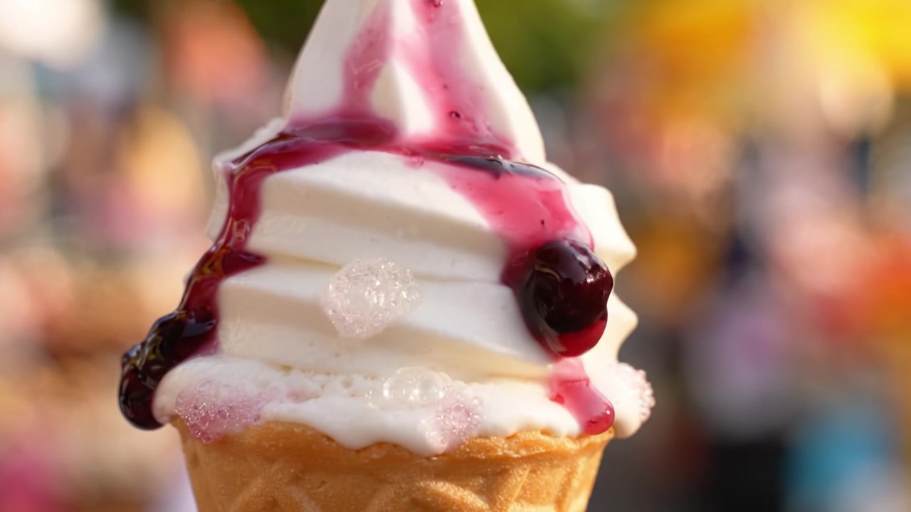 Heerlijk IJshoorntje met Wervelingen van Romig Softijs en Besprenkelde Bessensaus, Vastgelegd in een Levendige Zomerse Setting, Perfect Verleidelijk voor Liefhebbers van Zoete Lekkernijen