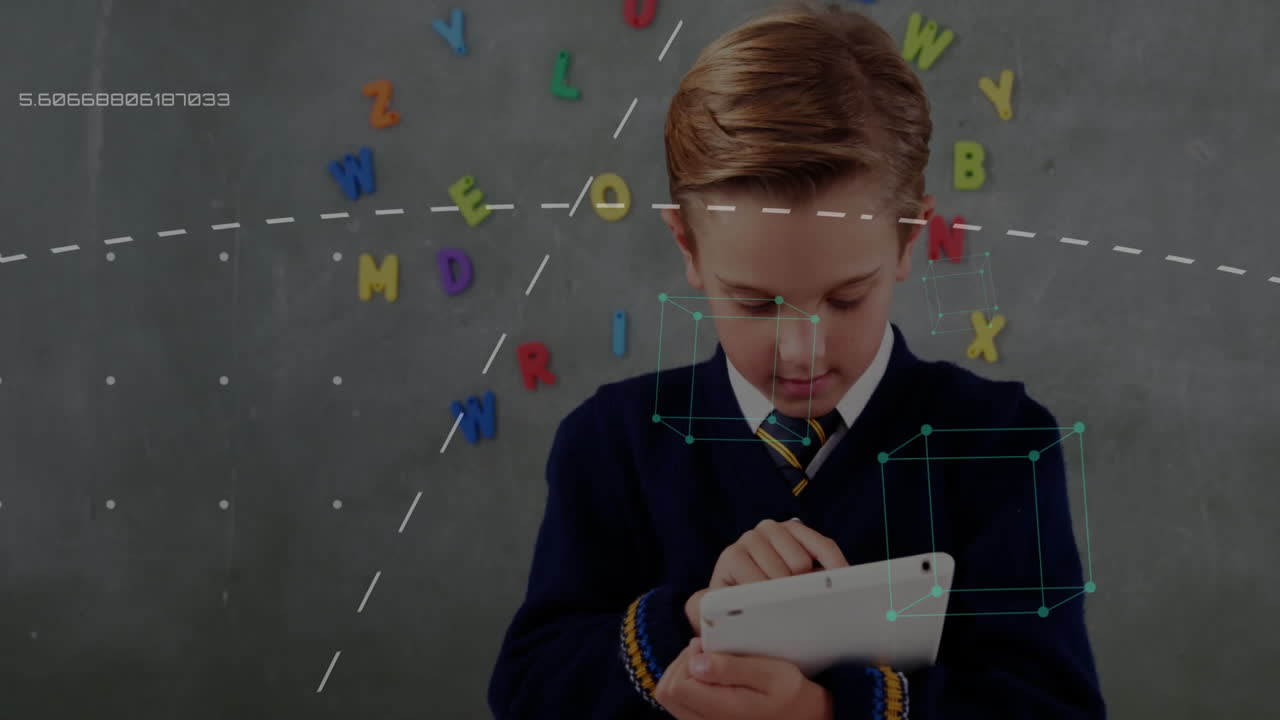Animation of data processing with lines over caucasian schoolboy using tablet
