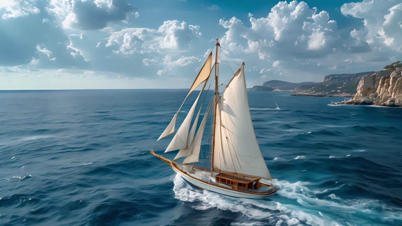 Sailboat Cruising on the Open Ocean with a Scenic Coastline