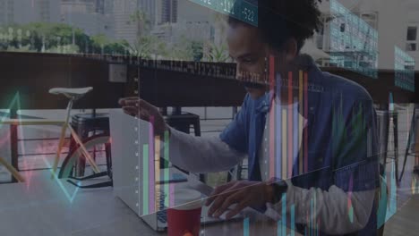 Animation of statistics and data processing over man using laptop