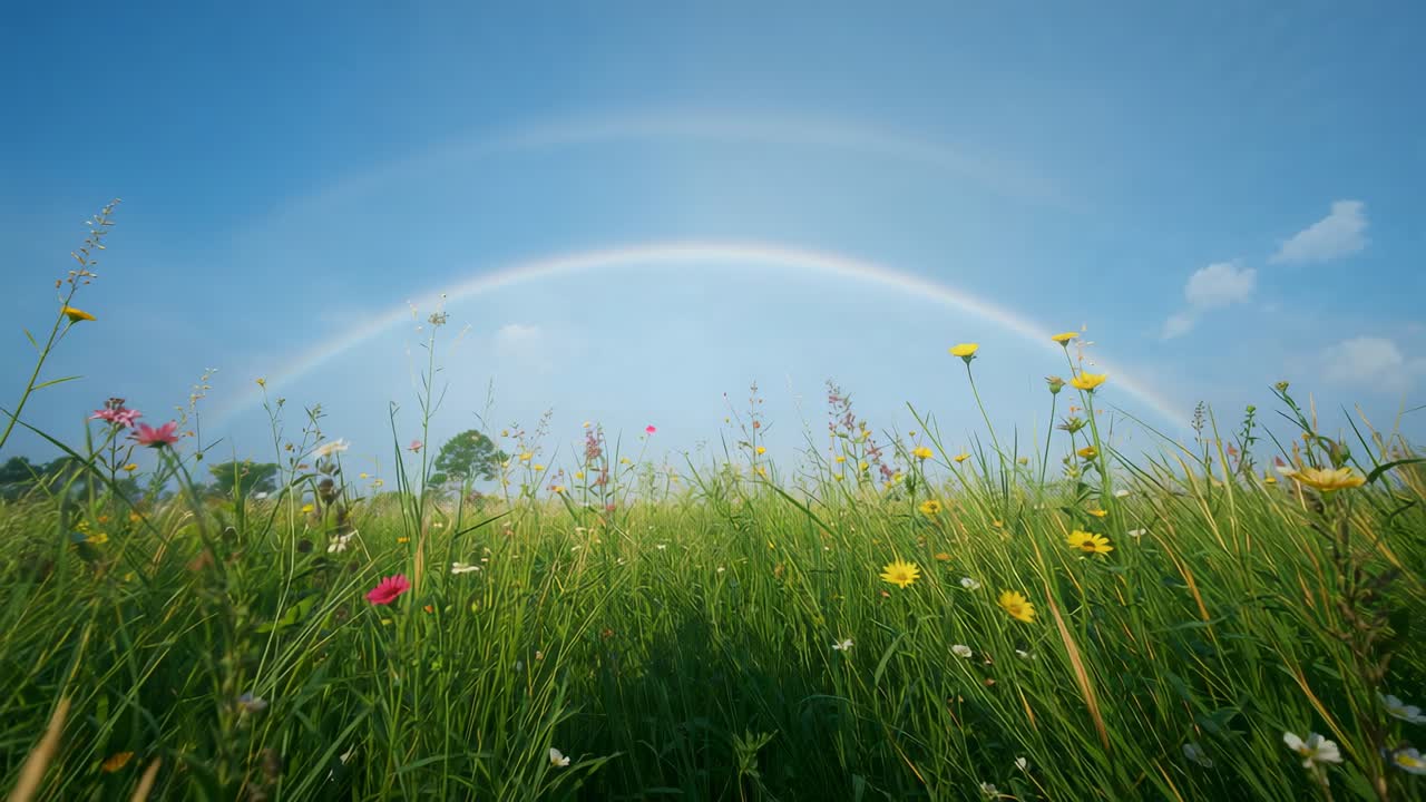 After breeze causing wildflowers swaying, camera gliding through meadow under double rainbow