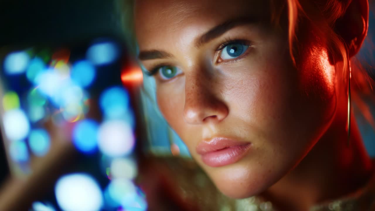 Captivating Close-Up of a Young Woman's Face with Striking Blue Eyes, Illuminated by Colorful Smartphone Lights, Capturing a Moment of Intense Emotion and Contemporary Aesthetics in a Vivid Setting