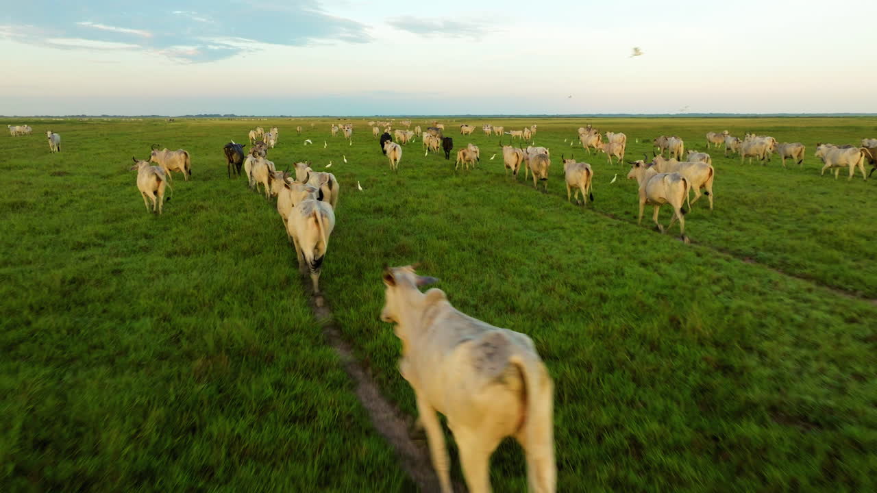 Mandria di bovini al pascolo in un campo verde lussureggiante
