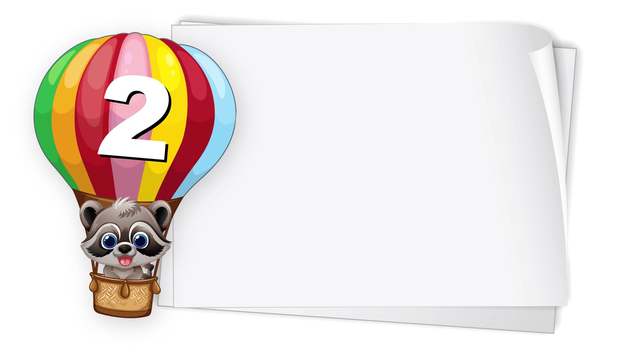 Cartoon raccoon floats in colorful balloon beside white paper banner on plain background.