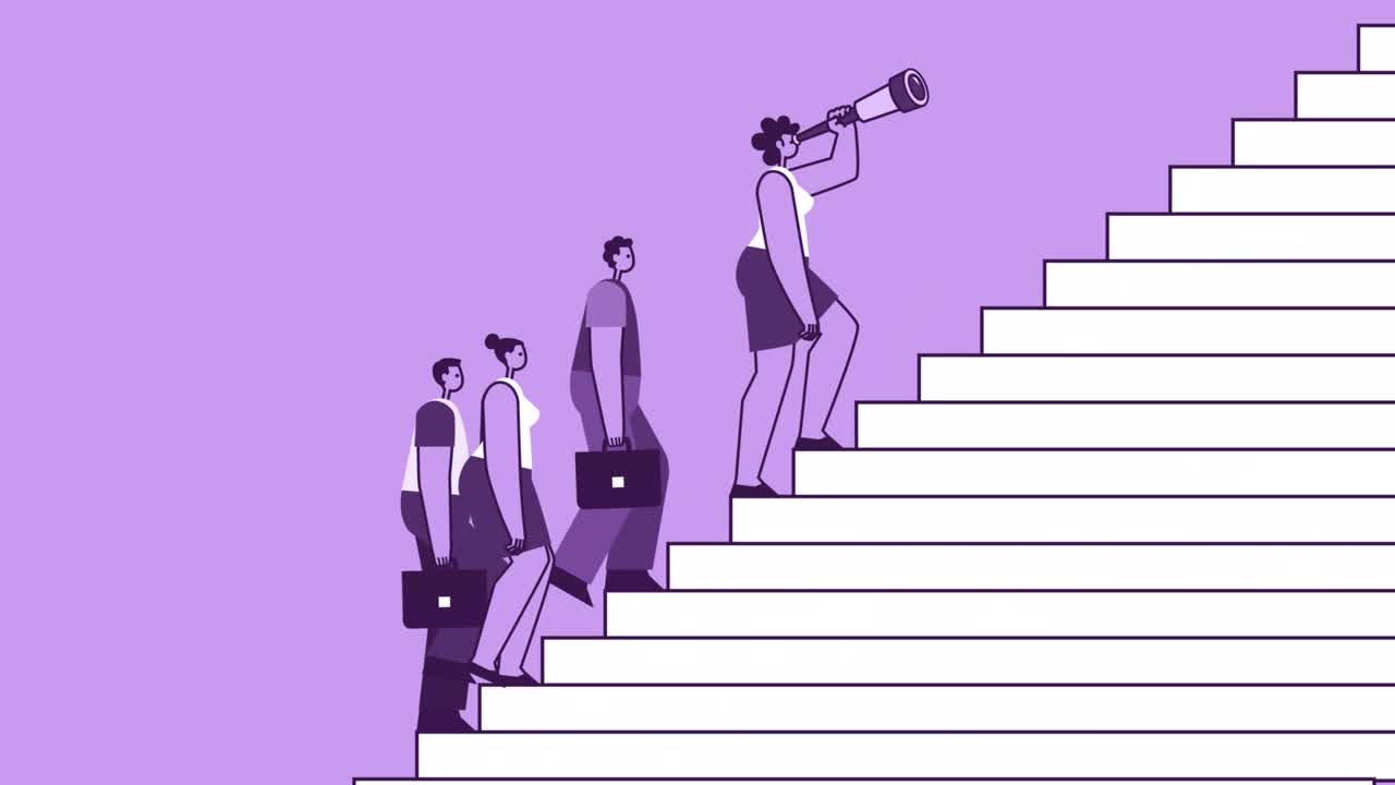 grupo de estilo púrpura de personas subiendo escaleras con la mujer líder personaje plano. animación de bucle aislado con canal alfa