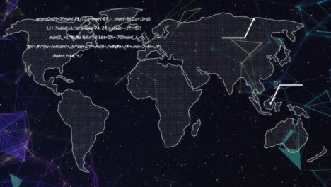 Animation-Der-Computersprache-Und-Bewegter-Linien-über-Einer-Karte-Vor-Schwarzem-Hintergrund