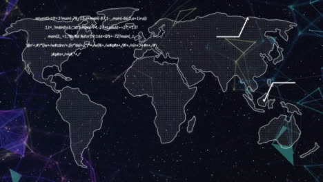 animación del lenguaje informático y líneas móviles sobre el mapa contra un fondo negro
