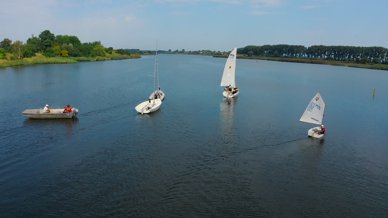 Vue aérienne plongeante de yachts sur la rivière, Poméranie, Pologne