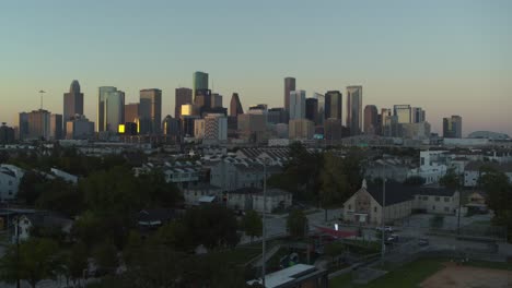 aerial shot of downtown houston from emancipation park in third ward