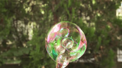 colorful bubbles rising up and spreading on air with green leaves background