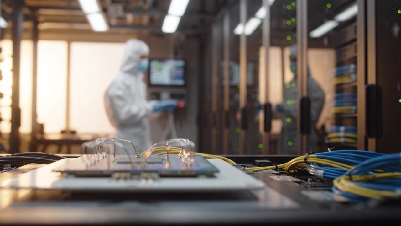A technician in a cleanroom setting works on advanced electronic components amid a backdrop of server racks and intricate wiring in a high-tech environment.