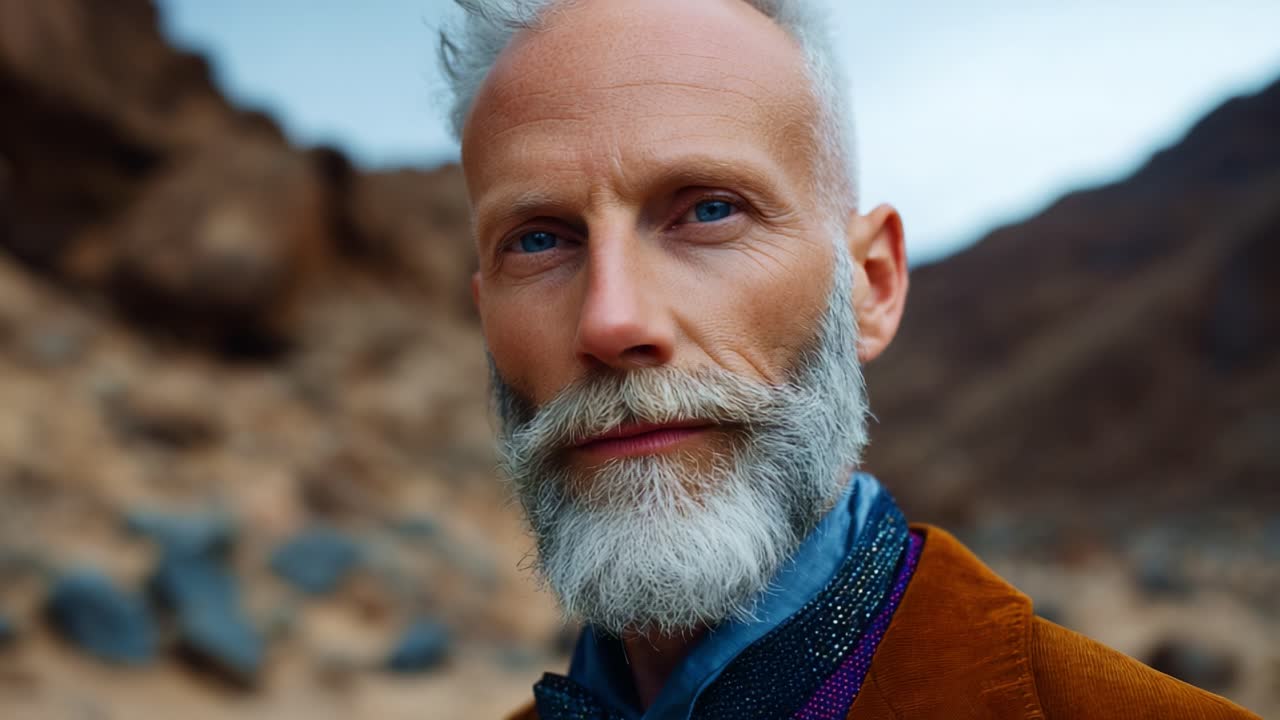 Ritratto di un uomo distinto con barba curata e capelli grigi, ambientato in un sereno paesaggio desertico con una delicata illuminazione naturale