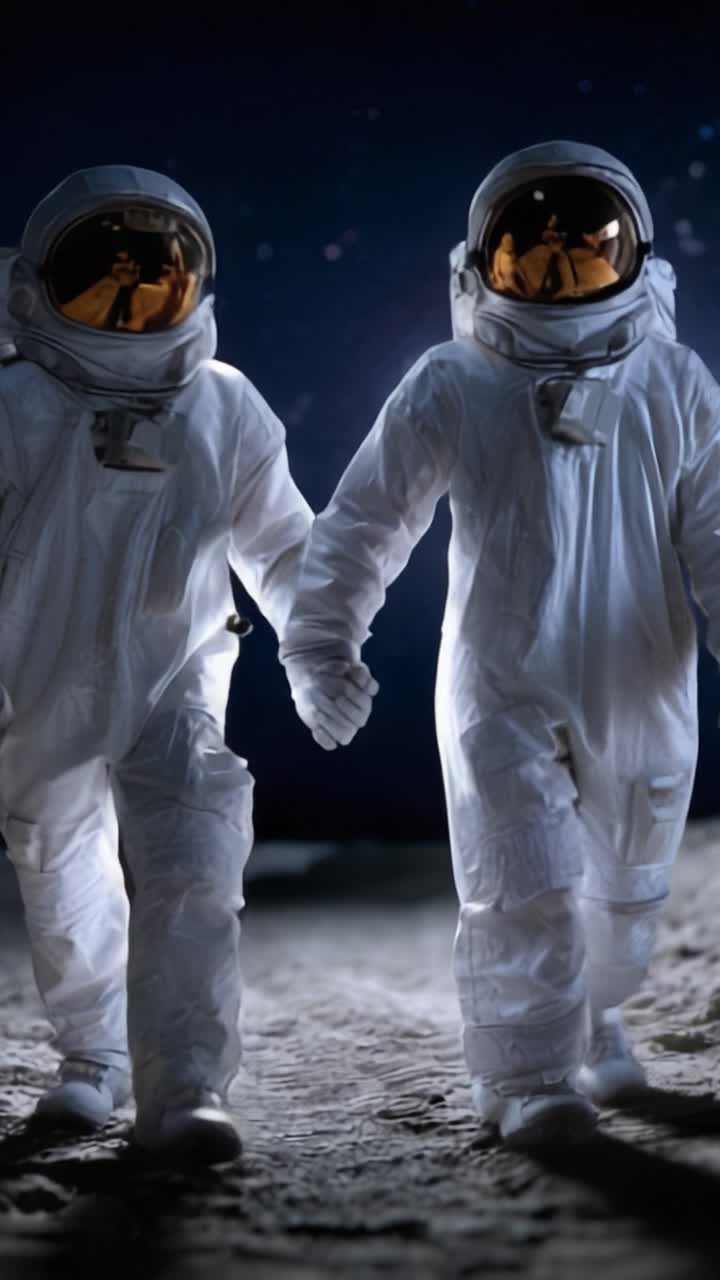 Dos astronautas caminando de la mano en la superficie de un cuerpo celeste por la noche, iluminados por estrellas distantes y mostrando sus trajes espaciales bajo un cielo oscuro.