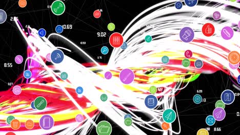 animación de una red de iconos digitales sobre hilos de fibra óptica