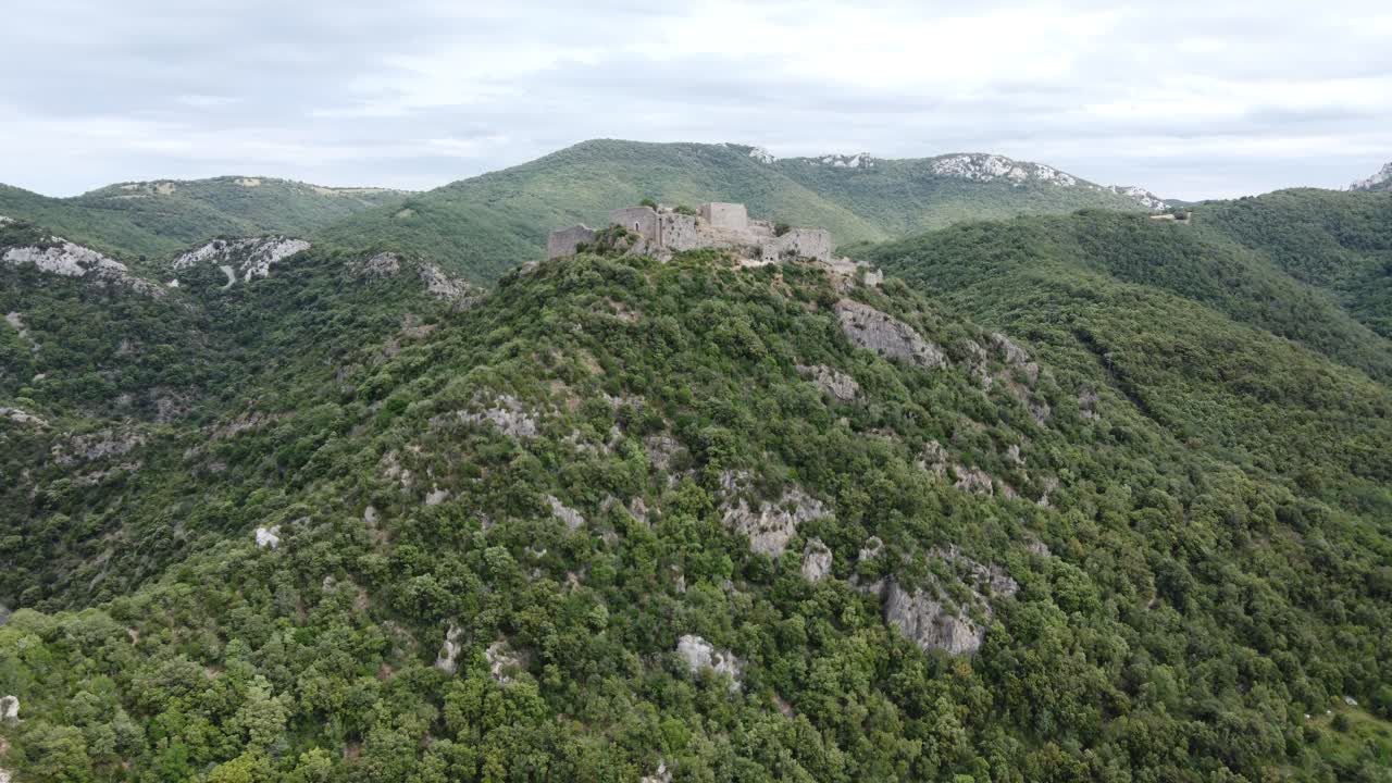 Aerial View of a Castle Ruin on a Mountaintop