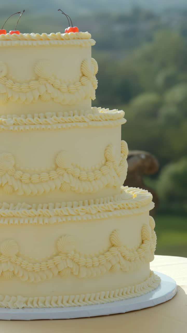 A beautifully decorated tiered wedding cake with cherries on top