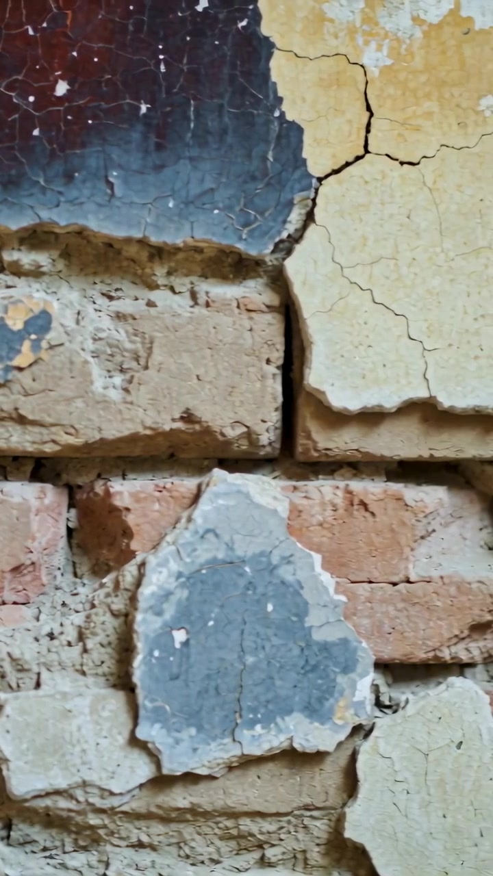 Vertical video: Panning wall down right inside showing red bricks, voids, peeling blue yellow paint