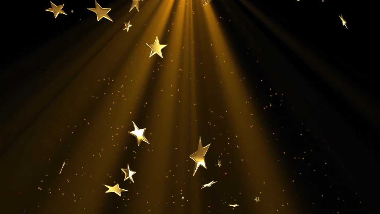 Animazione di stelle di Natale dorate e neve che cade.