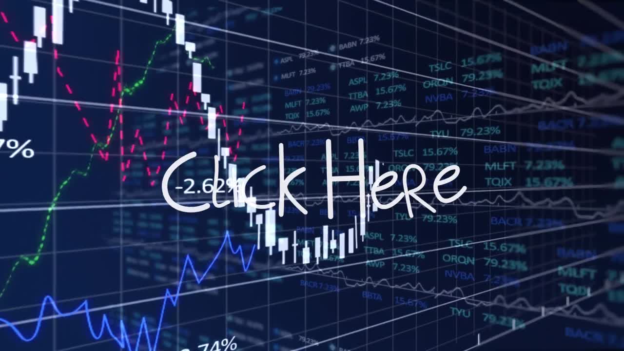 Animation des Textes „Hier klicken“ und Datenverarbeitung auf blauem Hintergrund.