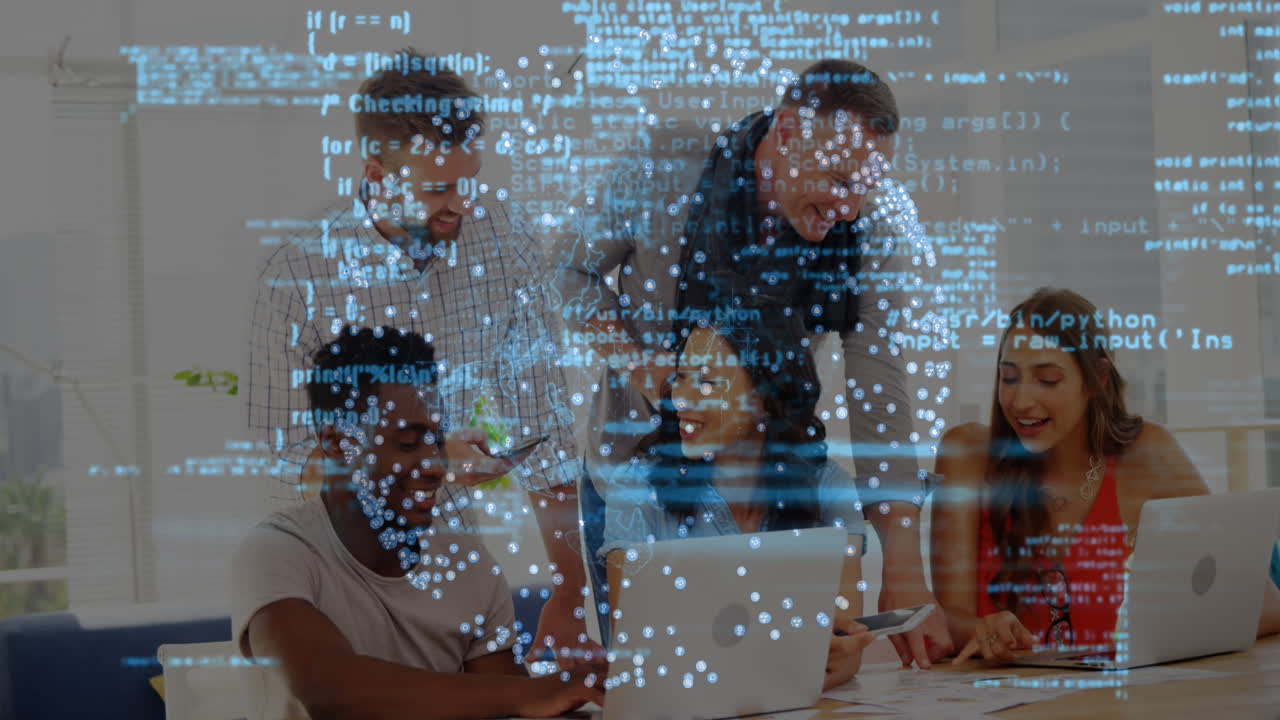 Animation of dots forming globe and computer language, diverse coworkers sharing ideas in office