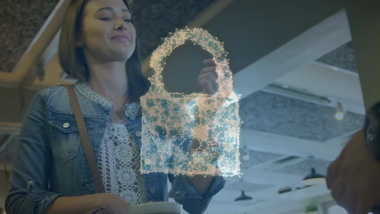 animación del candado de seguridad de la red sobre las personas que utilizan el terminal de pago