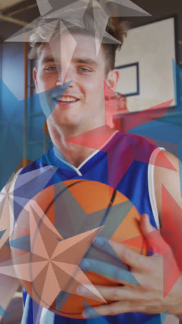 diseño de patrones de iconos de estrellas contra un jugador de baloncesto masculino caucásico con baloncesto en la cancha