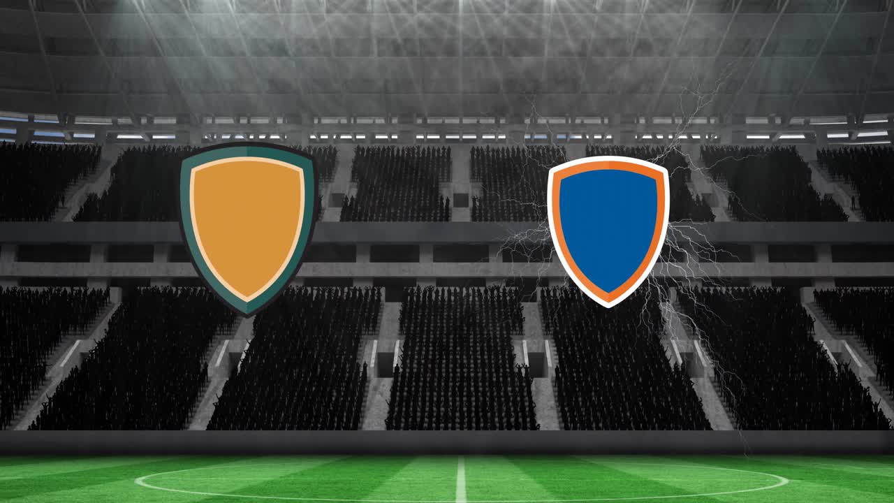 Animation of yellow and blue emblems with copy space and lighting over sports stadium