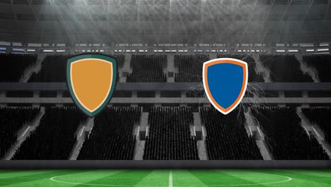 animación de emblemas amarillos y azules con espacio de copia e iluminación sobre el estadio deportivo