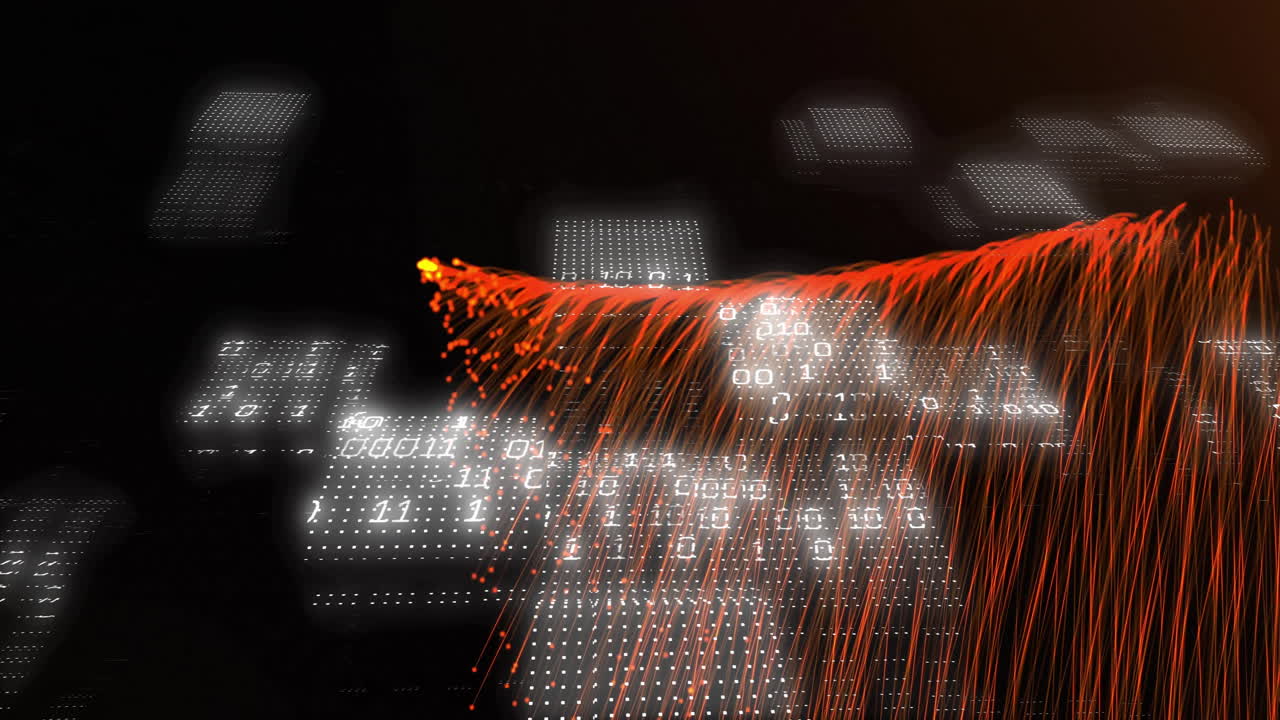 Red data streams and binary code animation over digital matrix background