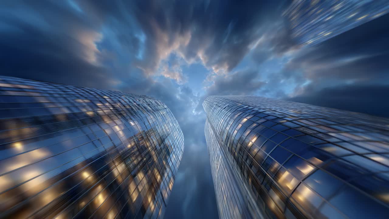 Una prospettiva mozzafiato di moderni grattacieli sotto un cielo spettacolare, che mette in mostra riflessi e bellezza architettonica in un paesaggio urbano notturno