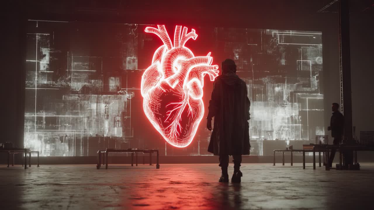 A solitary figure stands in awe before a glowing digital heart, representing the fusion of technology and human emotion in a stunning visual experience