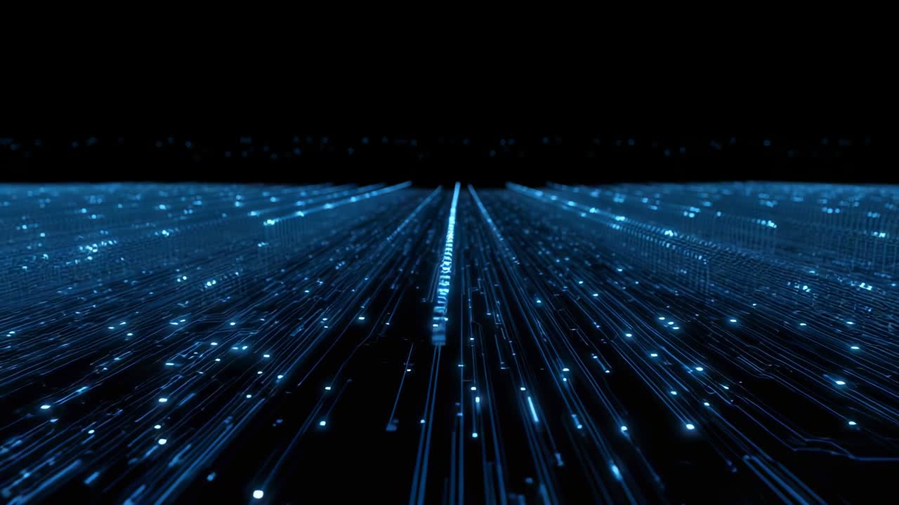 Moving grid-plane elongating neon-blue lines, drifting dots and rising light column in data stream