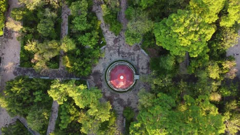 Aerial-shot-of-a-kiosk-and-ends-with-a-church-in-Aguascalientes,-Mexico