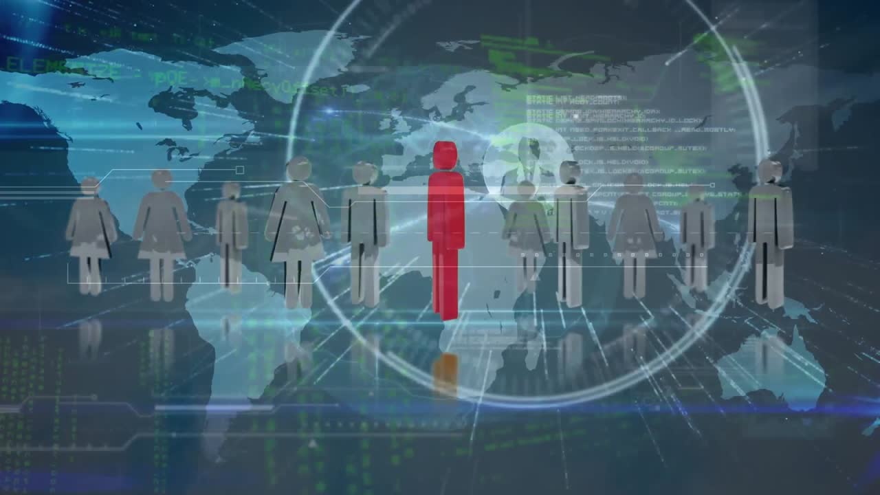 지구의 애니메이션, 사람들의 아이콘과 데이터 처리를 가진 세계 지도