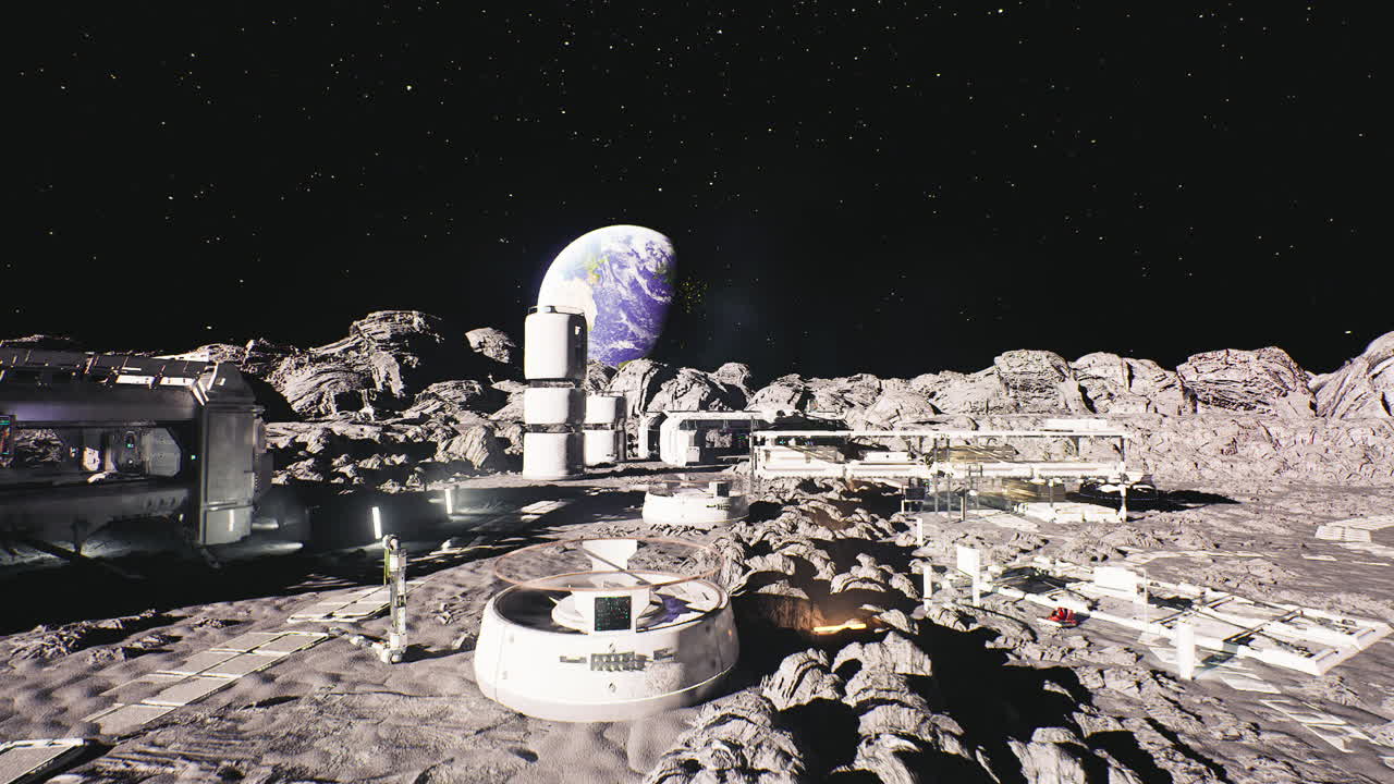 Vista da estação lunar, perspectiva panorâmica de módulos de habitat lunar
