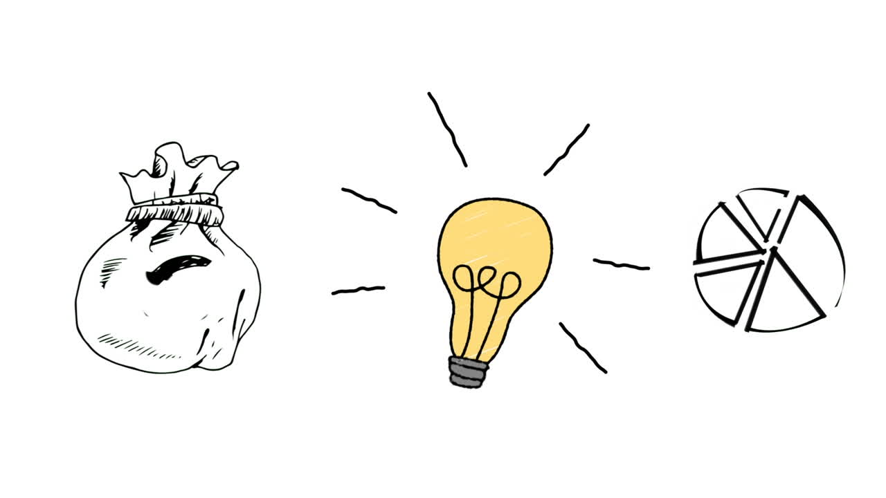 animación de los iconos de la bombilla, el dinero y las estadísticas sobre fondo blanco