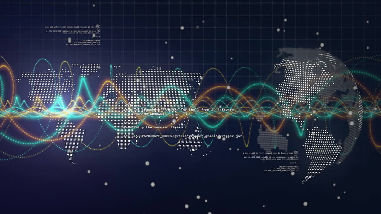 Digital interface showing world map dots with flowing waveform lines and floating code particles