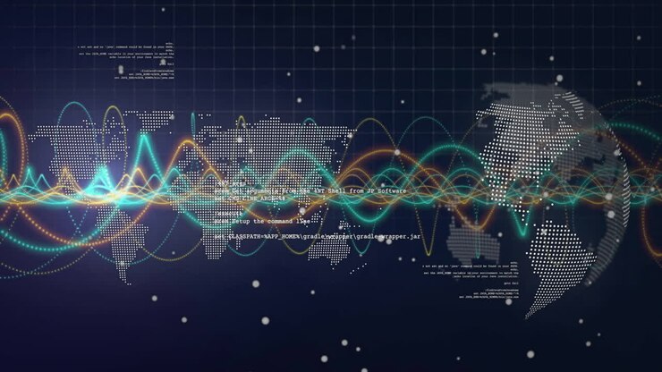 Digital interface showing world map dots with flowing waveform lines and floating code particles